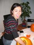 Julie carving Halloween pumpkins (Oct 1999)